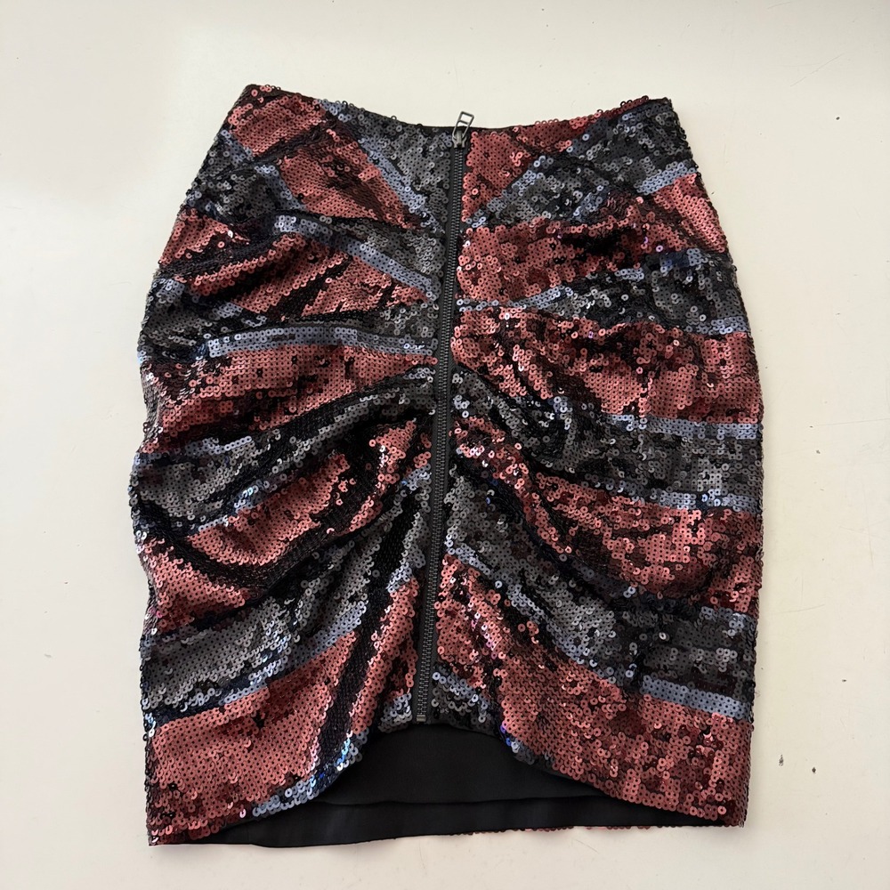 Veronica Beard Sequin Ruched Front Zip Mini Skirt Black Copper Silver Size 0 - Picture 5 of 8